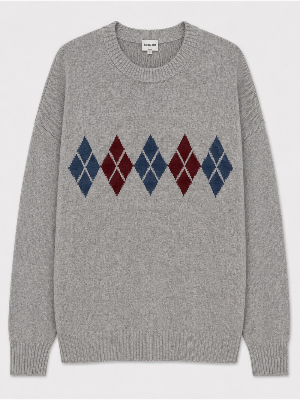 Aritzia Sunday Best Peggy Sweater — Grey/Blue/Burgundy Argyle, Size L